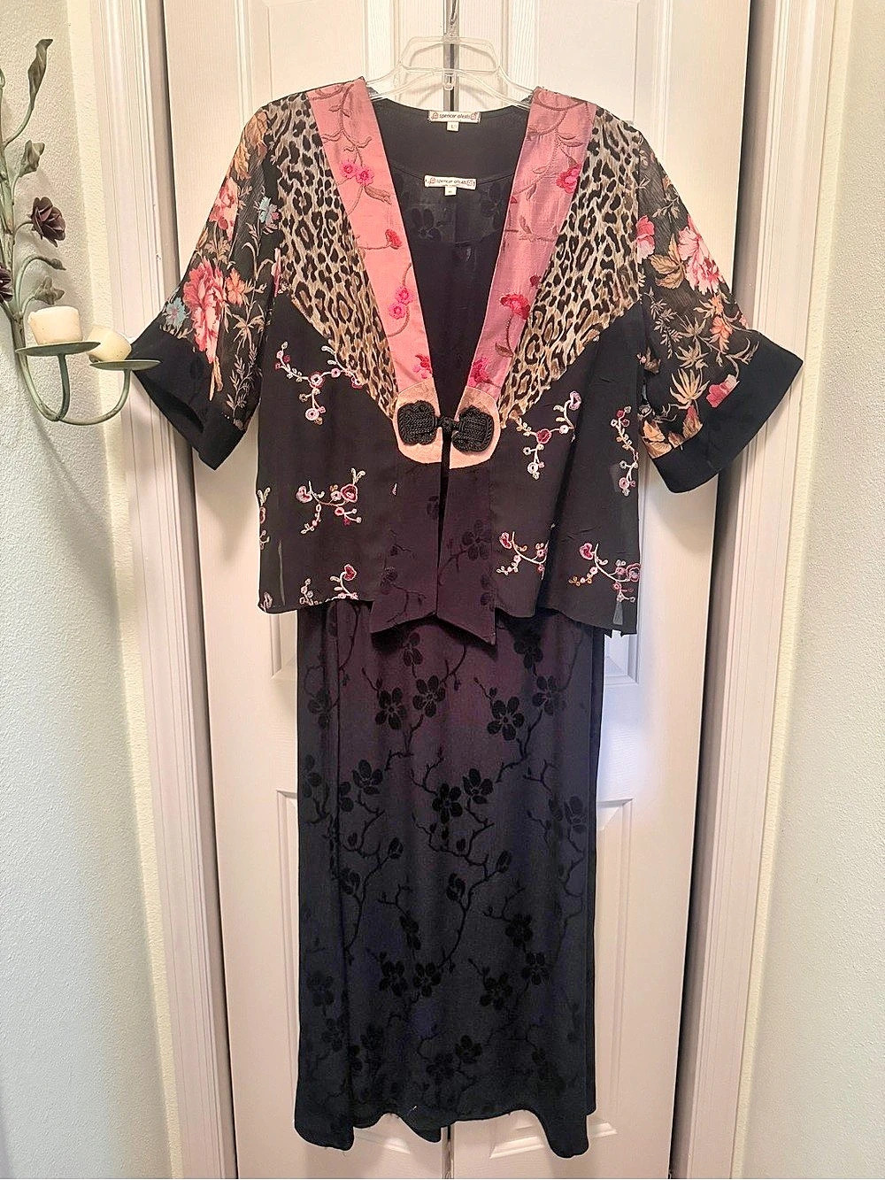 Vintage Spencer Alexis Silk Blend Floral Embroidered Maxi Dress in Black & Pink